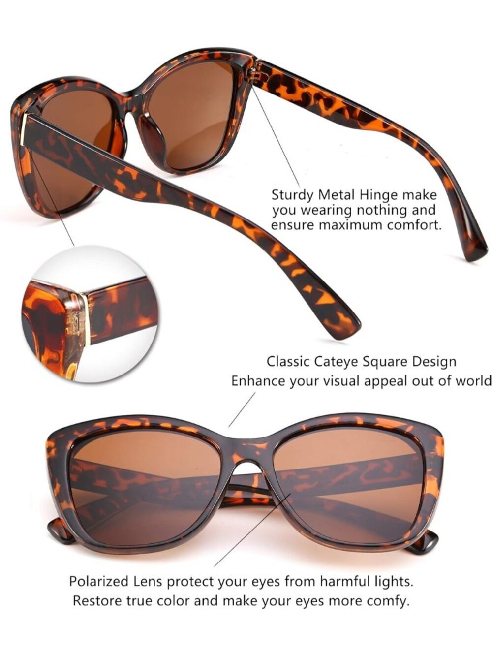 Women's Brown Polarized Vintage Sunglasses American Square Jackie O Cat Eye - Picture 4 of 5
